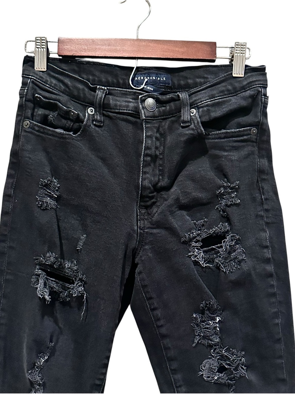 Aéropostale Women's Black Dark Wash High Rise Mom Jeans Distressed Stretch 4R - Picture 2 of 7